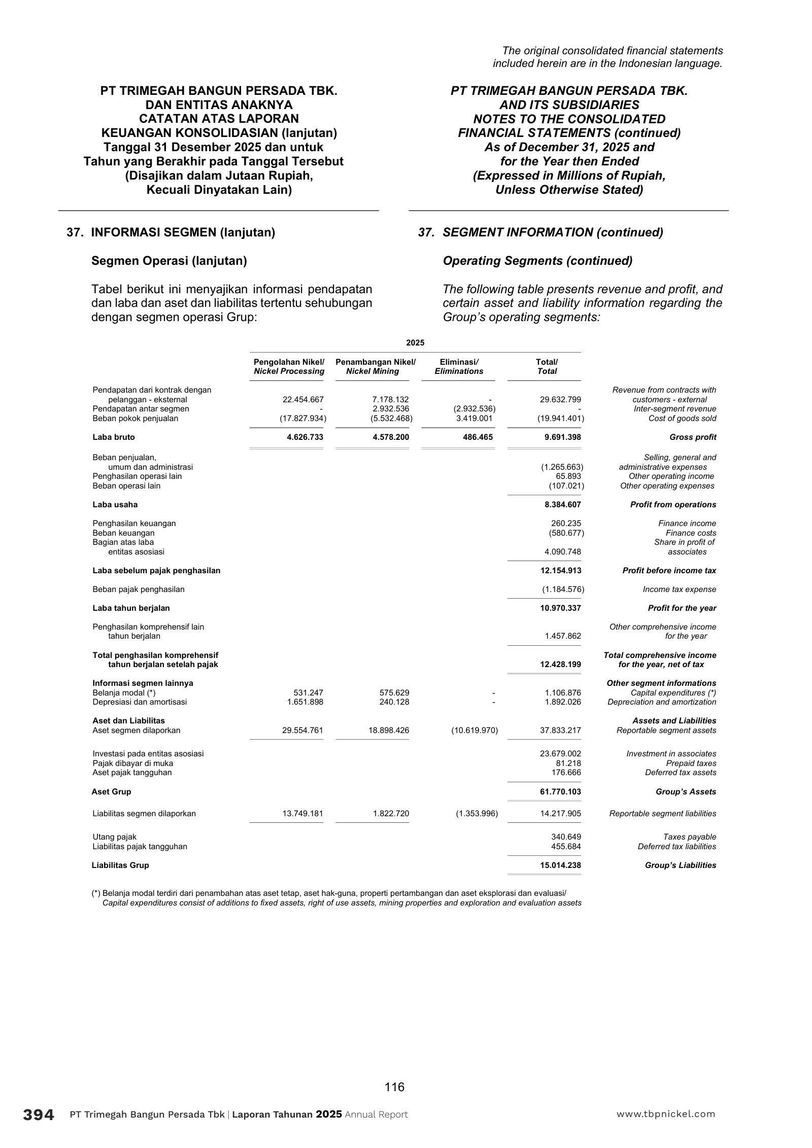 2025 segment table: processing and mining revenue, gross profit, capex, assets — with associates shown separately.
