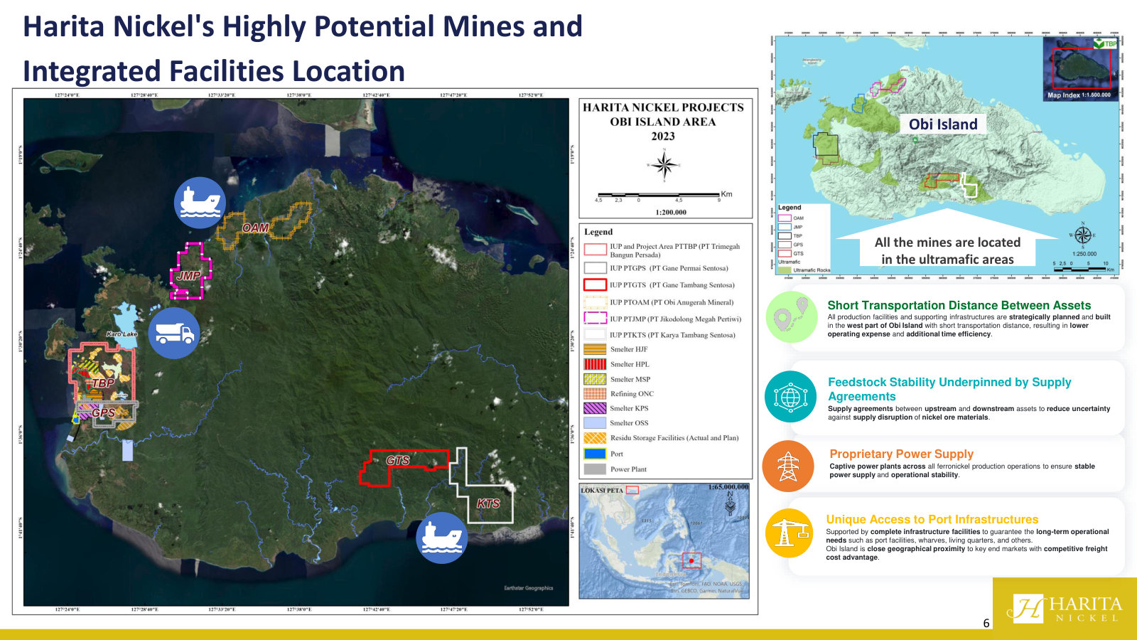 The concession map — every IUP, smelter, port and power plant packed into the west of Obi Island, all on ultramafic ground.